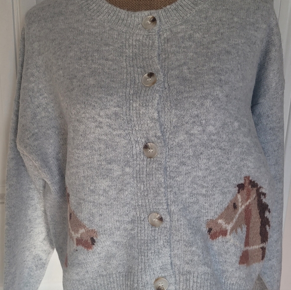 HORSE Graphic Button-Front Cardi, PINK LILY Brand, NIB, S, Hthr Gray & SO CUTE🐎 - Picture 2 of 11
